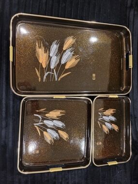 Source Unknown Brown Metal Serving Trays with Gold and Silver Wheat Design